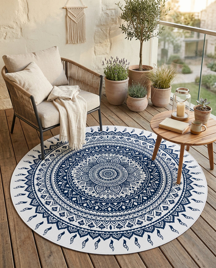 Blau weiss Tibetischer Mandala Teppich - Thangka Kunst für Wohnzimmer & Schlafzimmer | Zen Deko