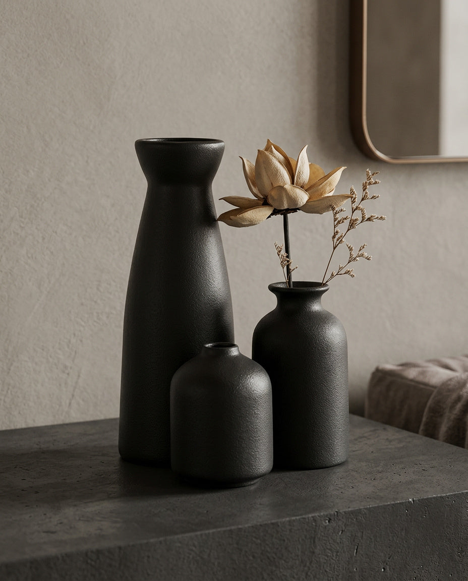 3er-Set Keramikvasen Schwarz  – Moderne Deko für Wohnzimmer, Regal & Tisch