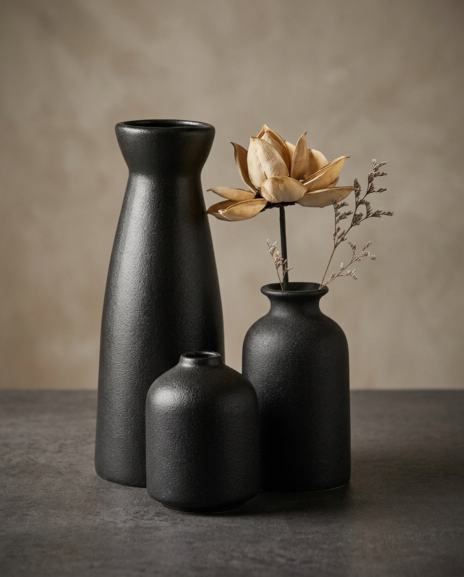 3er-Set Keramikvasen Schwarz  – Moderne Deko für Wohnzimmer, Regal & Tisch