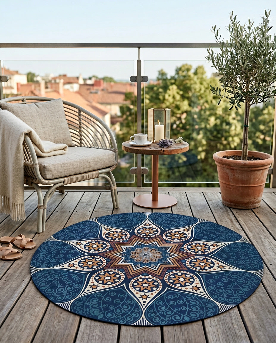 Blau farbig Stern Tibetischer Mandala Teppich - Thangka Kunst für Wohnzimmer & Schlafzimmer | Zen Deko