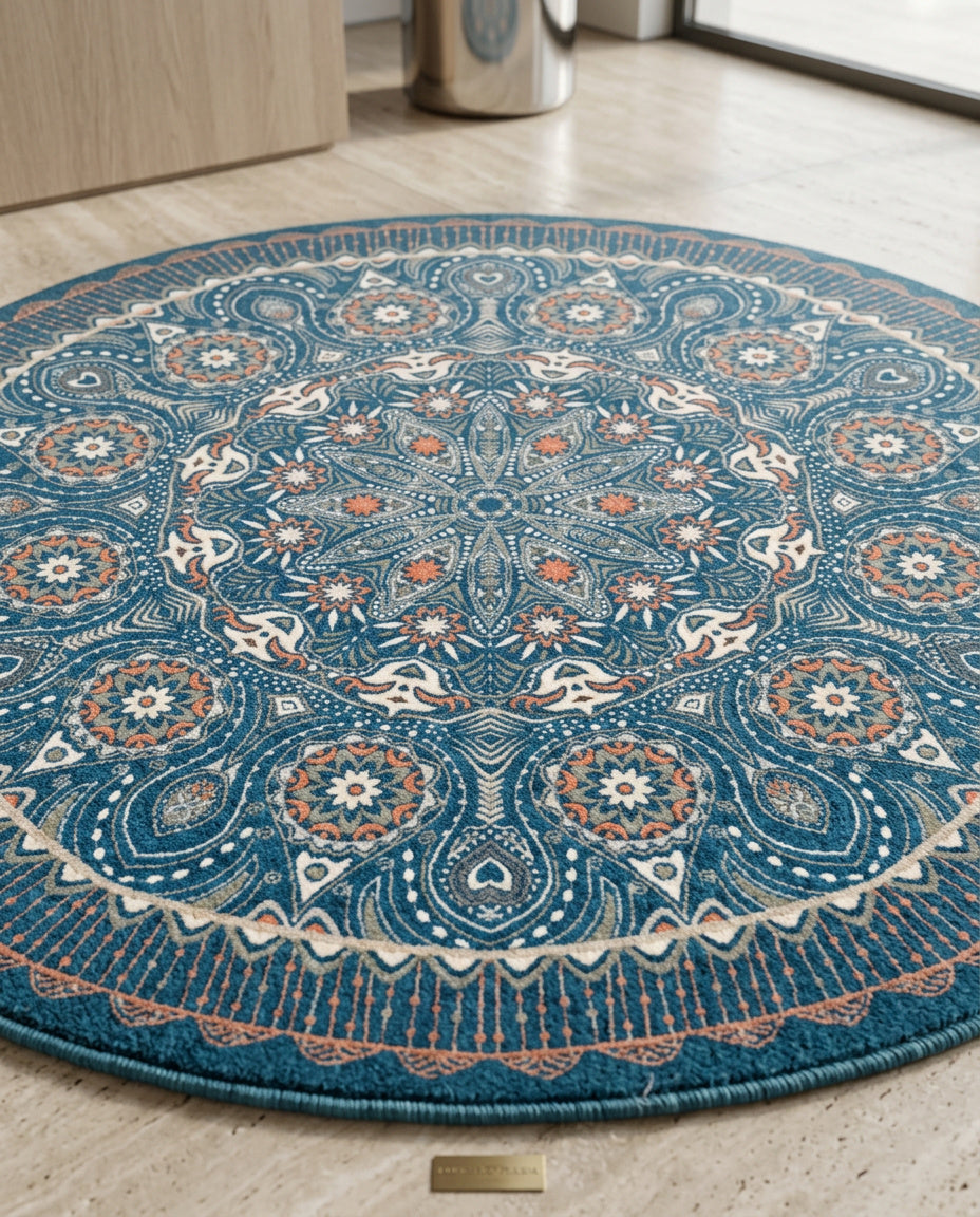 Blau farbig Tibetischer Mandala Teppich  - Thangka Kunst für Wohnzimmer & Schlafzimmer | Zen Deko