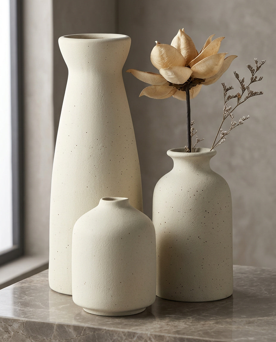 3er Set Keramik Vasen Weiss oder Beige