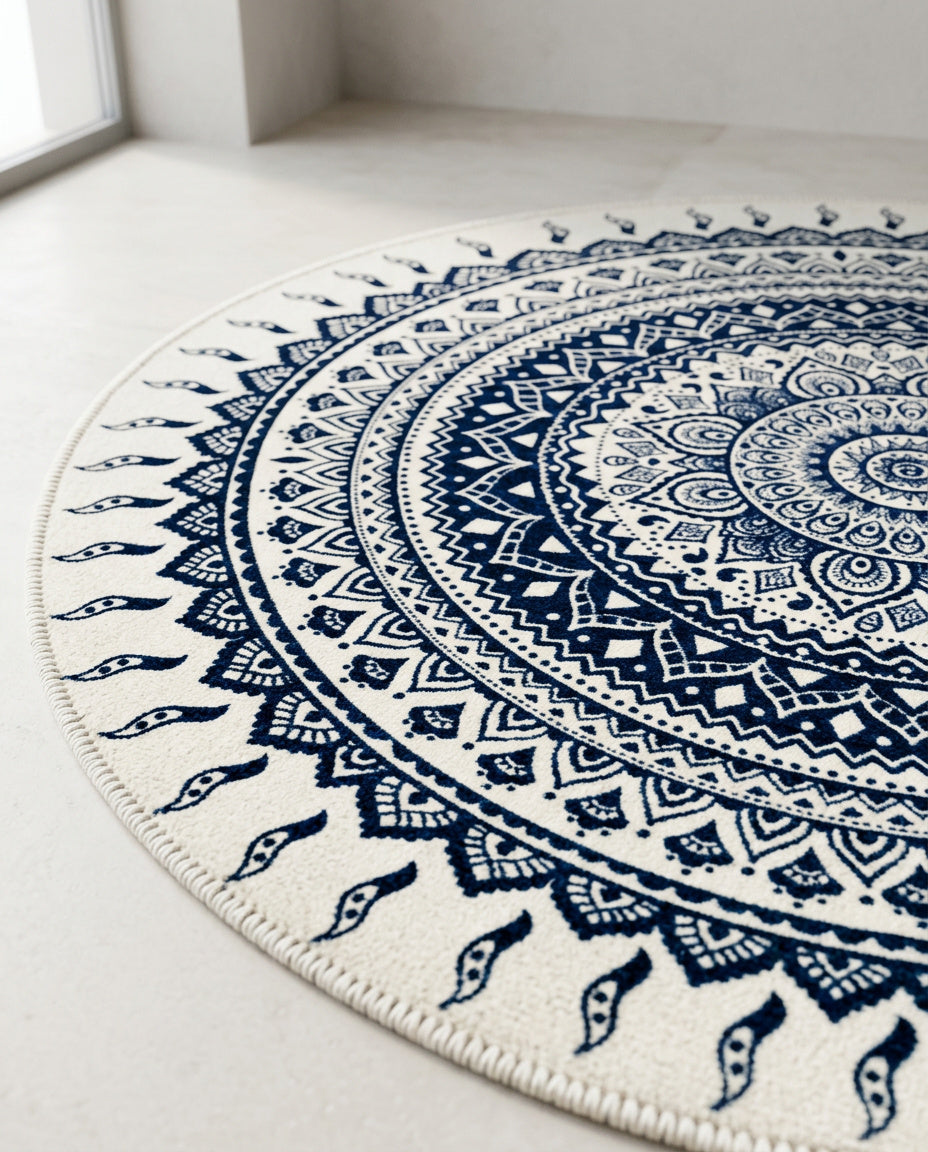Blau weiss Tibetischer Mandala Teppich  - Thangka Kunst für Wohnzimmer & Schlafzimmer | Zen Deko
