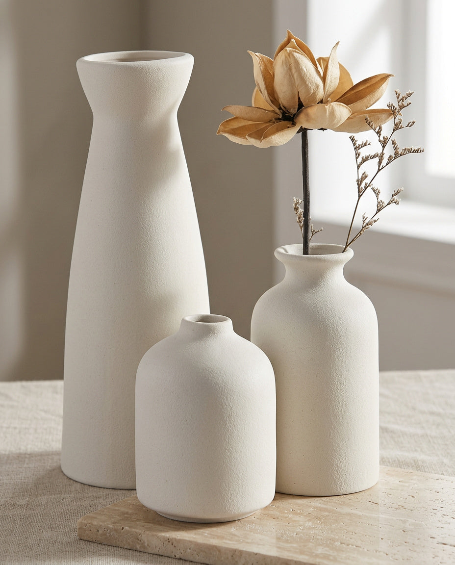 Keramik Vasen 3er Set - Moderne Deko Vasen für Wohnzimmer & Regal | Landhaus Stil