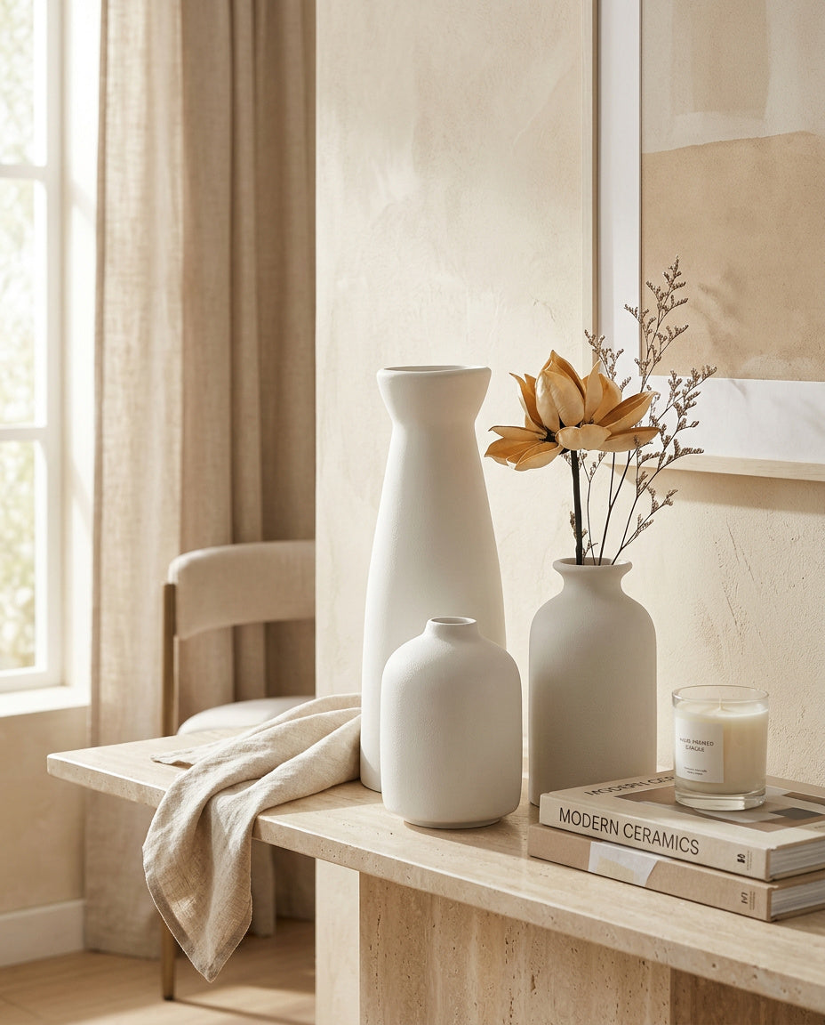 3er Set Keramik Vasen Weiss oder Beige
