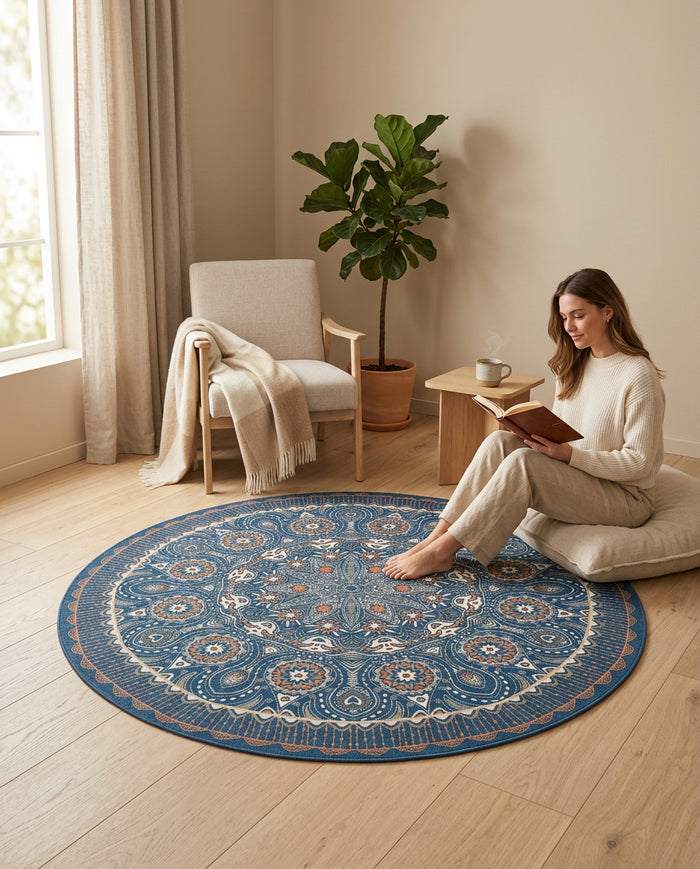 Blau farbig Tibetischer Mandala Teppich  - Thangka Kunst für Wohnzimmer & Schlafzimmer | Zen Deko