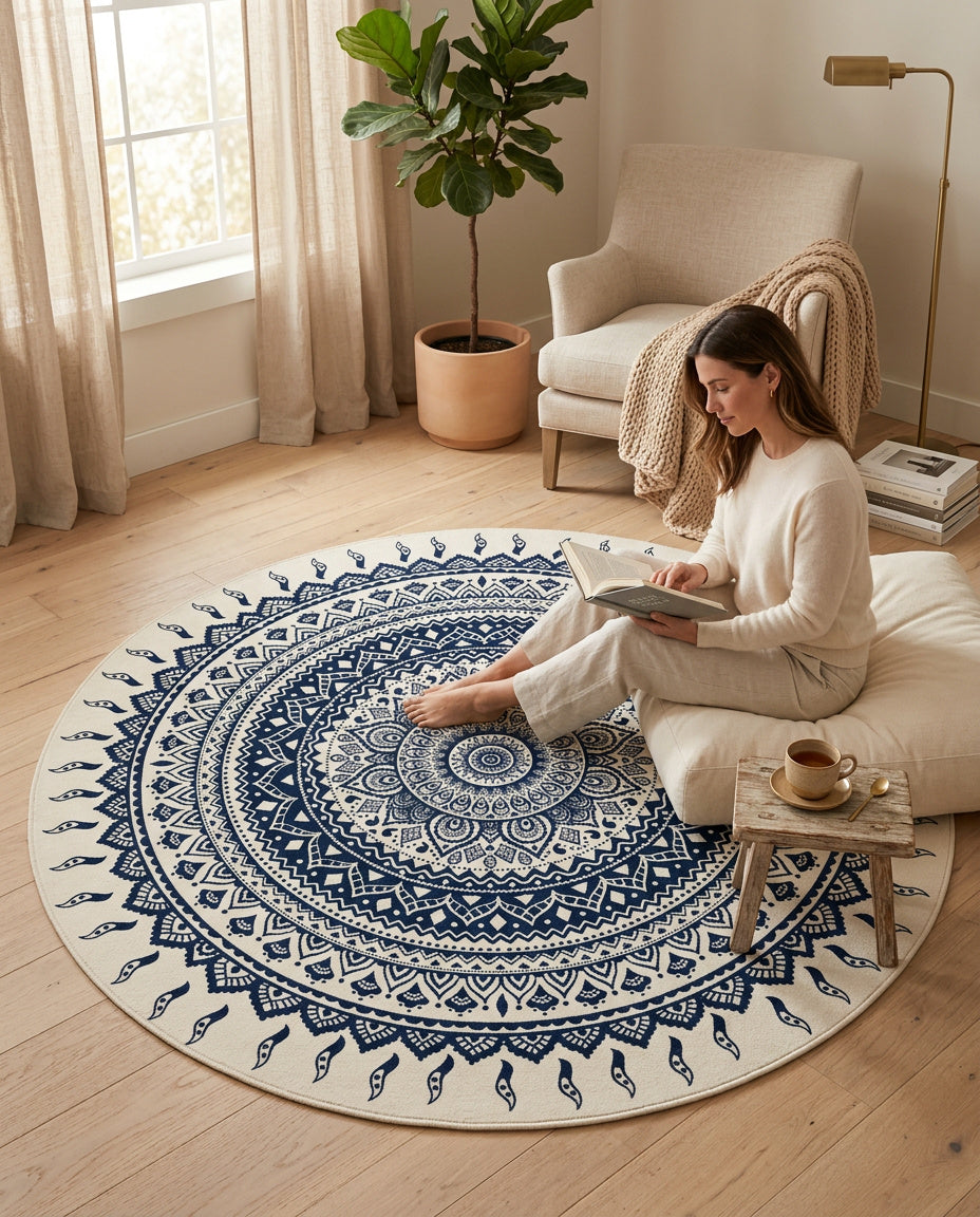 Blau weiss Tibetischer Mandala Teppich  - Thangka Kunst für Wohnzimmer & Schlafzimmer | Zen Deko