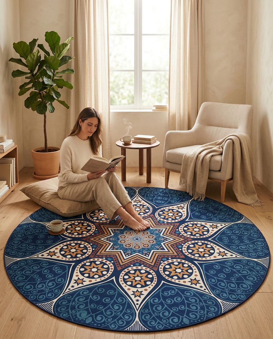 Blau farbig Stern Tibetischer Mandala Teppich - Thangka Kunst für Wohnzimmer & Schlafzimmer | Zen Deko