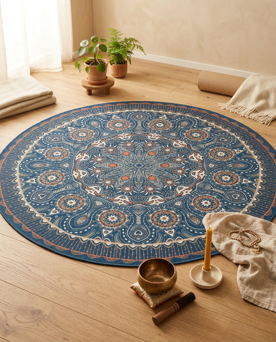 Blau farbig Tibetischer Mandala Teppich  - Thangka Kunst für Wohnzimmer & Schlafzimmer | Zen Deko