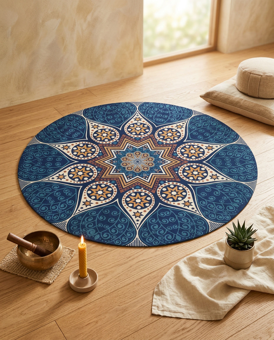 Blau farbig Stern Tibetischer Mandala Teppich - Thangka Kunst für Wohnzimmer & Schlafzimmer | Zen Deko