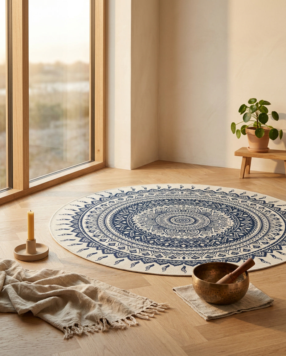 Blau weiss Tibetischer Mandala Teppich  - Thangka Kunst für Wohnzimmer & Schlafzimmer | Zen Deko
