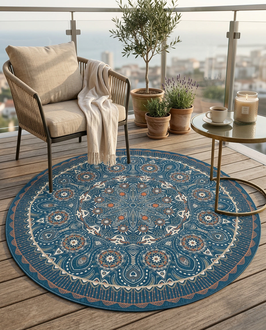 Blau farbig Tibetischer Mandala Teppich  - Thangka Kunst für Wohnzimmer & Schlafzimmer | Zen Deko