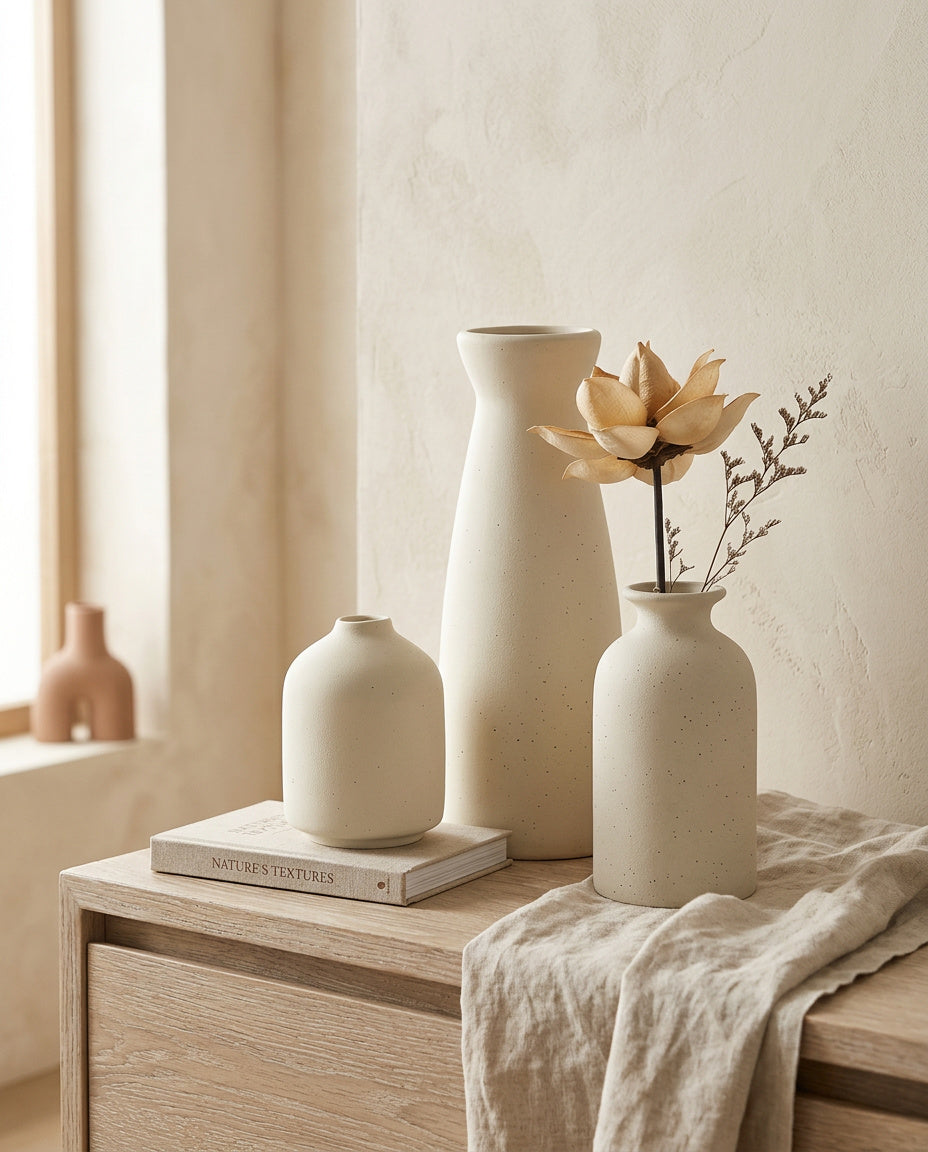 3er Set Keramik Vasen Weiss oder Beige