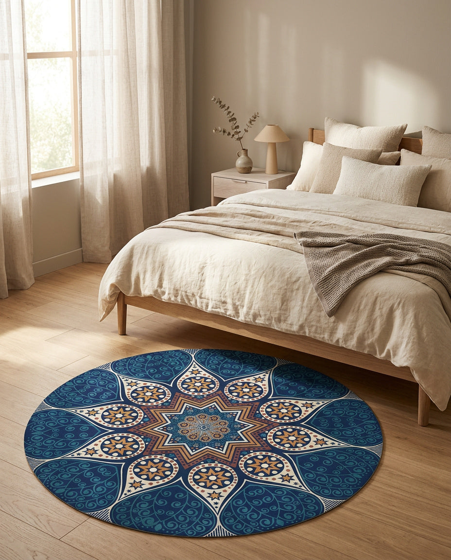 Blau farbig Stern Tibetischer Mandala Teppich - Thangka Kunst für Wohnzimmer & Schlafzimmer | Zen Deko