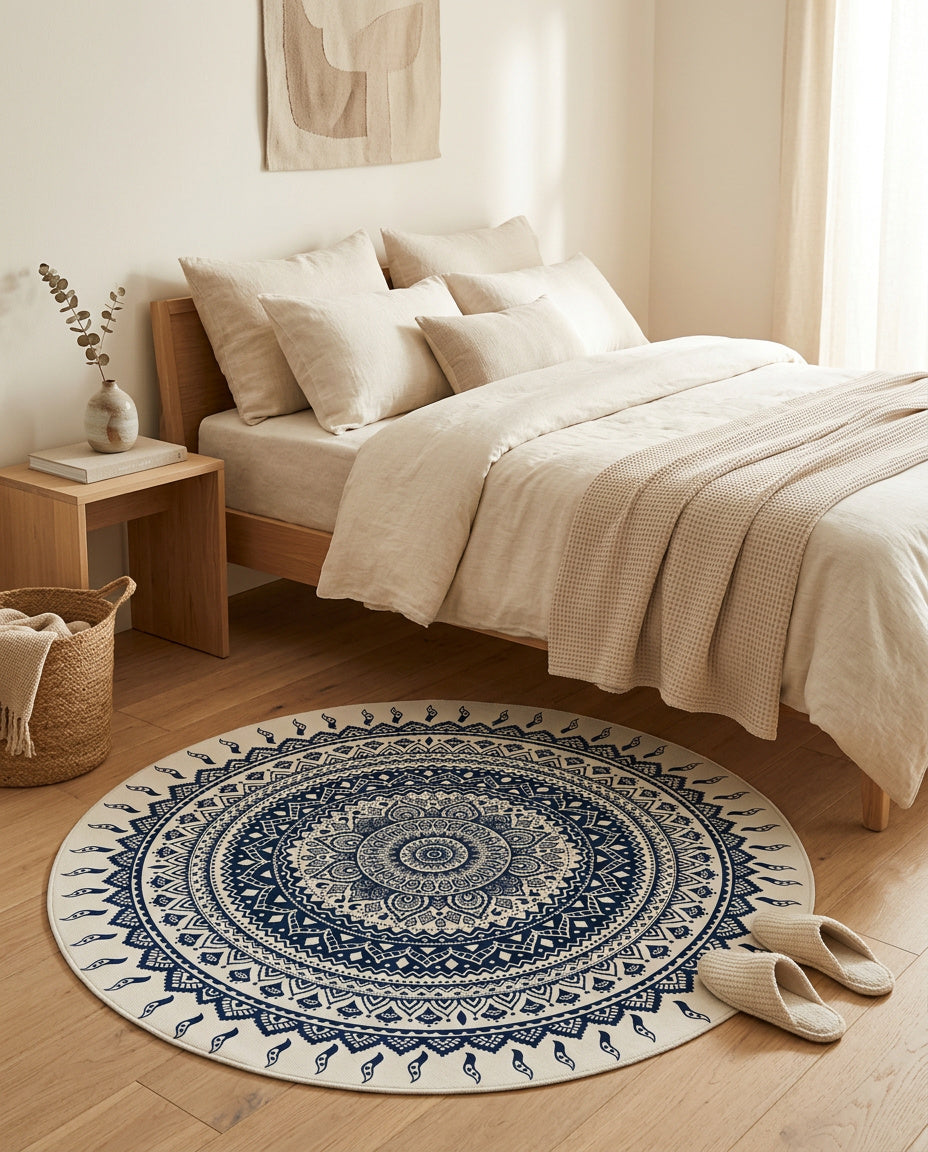 Blau weiss Tibetischer Mandala Teppich  - Thangka Kunst für Wohnzimmer & Schlafzimmer | Zen Deko