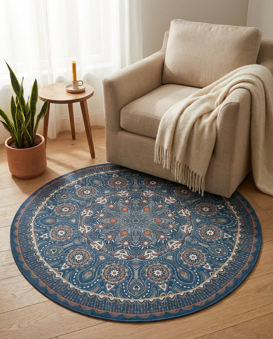 Blau farbig Tibetischer Mandala Teppich  - Thangka Kunst für Wohnzimmer & Schlafzimmer | Zen Deko