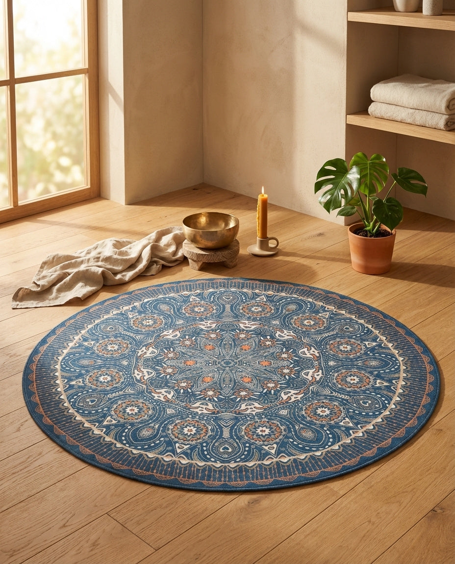Blau farbig Tibetischer Mandala Teppich  - Thangka Kunst für Wohnzimmer & Schlafzimmer | Zen Deko