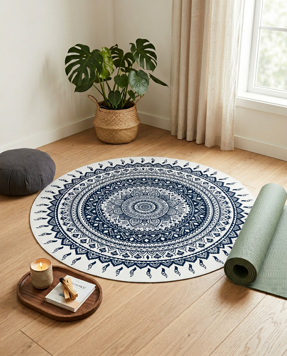 Blau weiss Tibetischer Mandala Teppich  - Thangka Kunst für Wohnzimmer & Schlafzimmer | Zen Deko