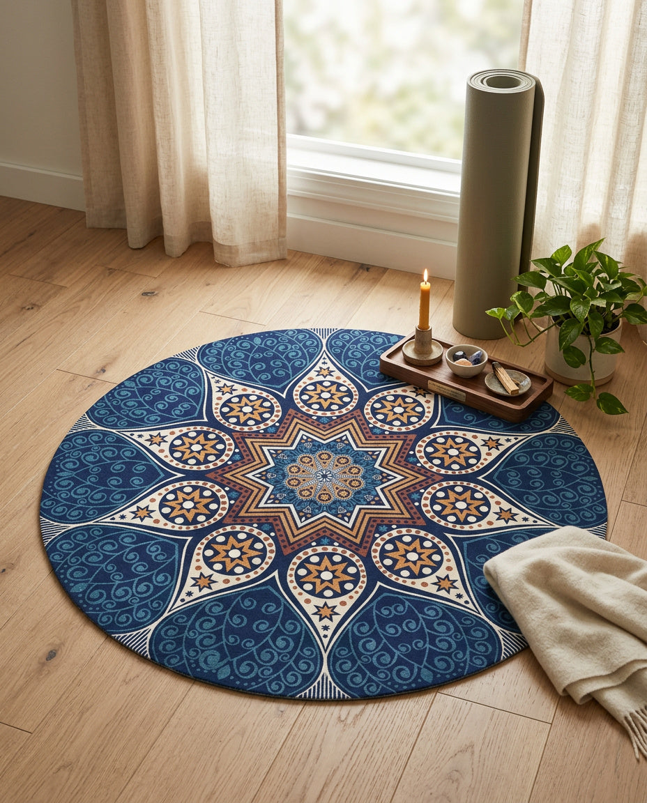 Blau farbig Stern Tibetischer Mandala Teppich - Thangka Kunst für Wohnzimmer & Schlafzimmer | Zen Deko
