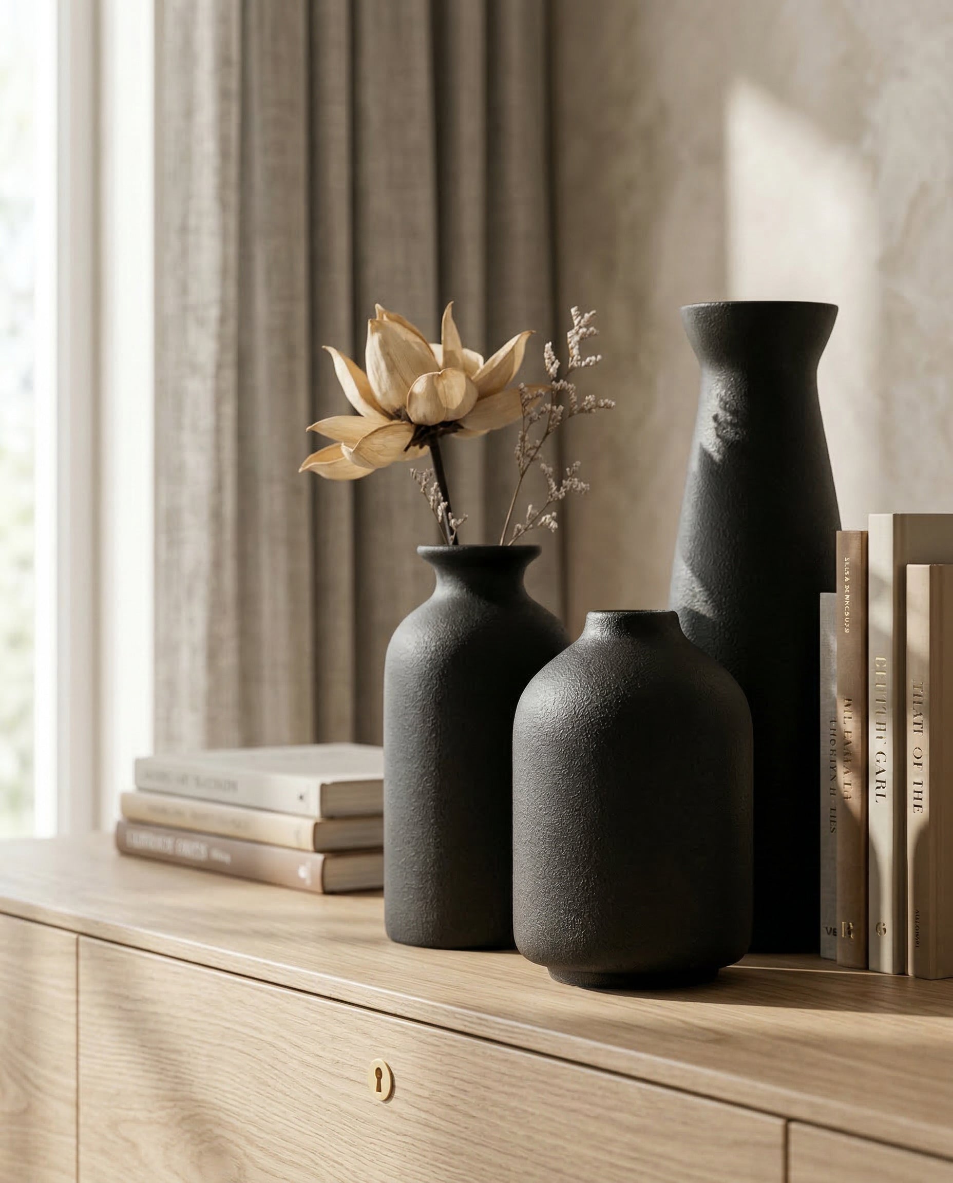 3er-Set Keramikvasen Schwarz  – Moderne Deko für Wohnzimmer, Regal & Tisch