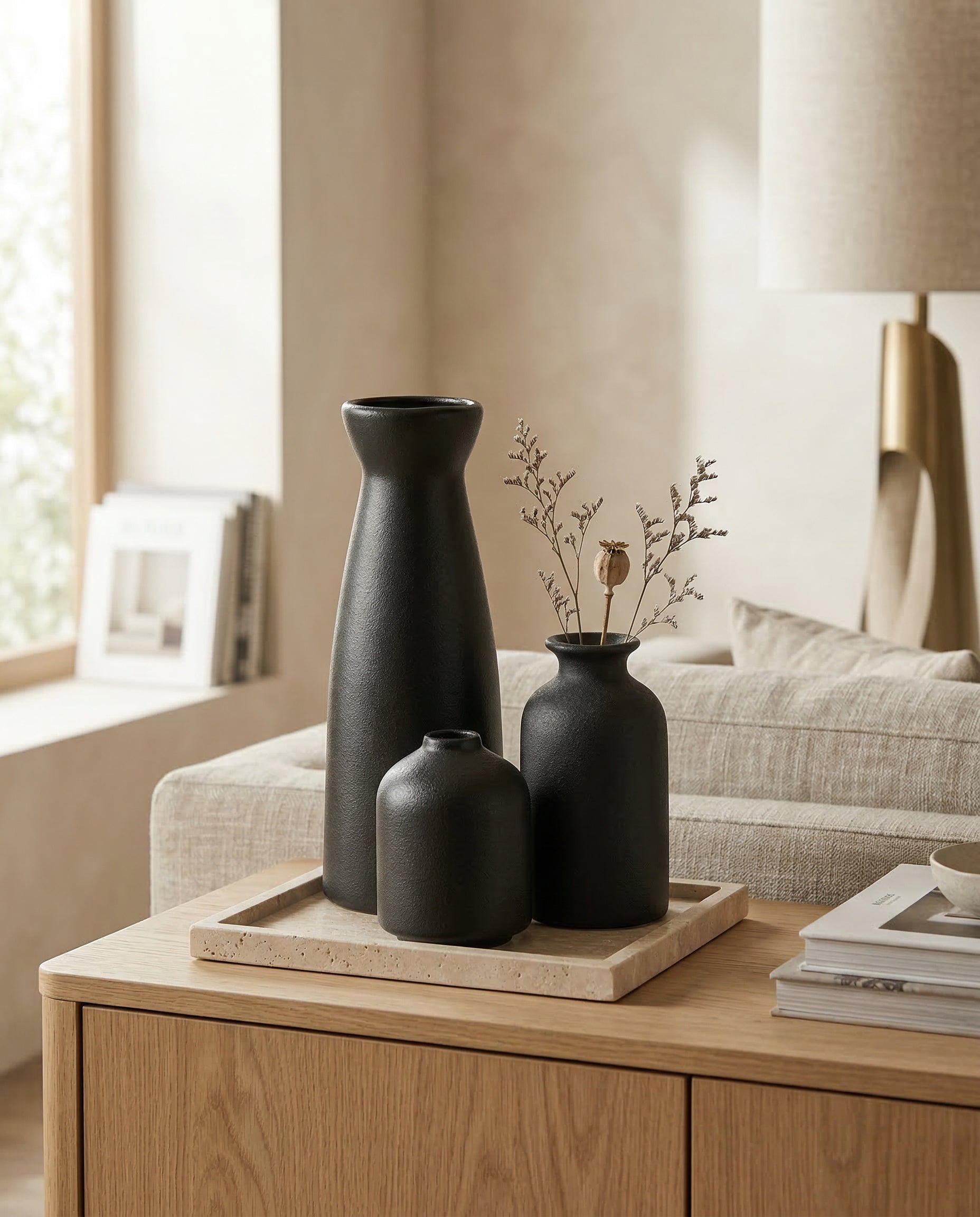 3er-Set Keramikvasen Schwarz  – Moderne Deko für Wohnzimmer, Regal & Tisch